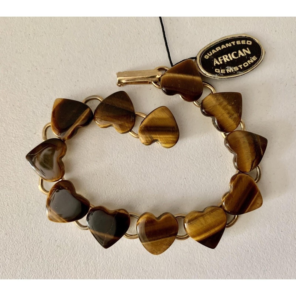 Vintage Genuine African Tiger Eye Gold Tone Charm Bracelet 7.5"
